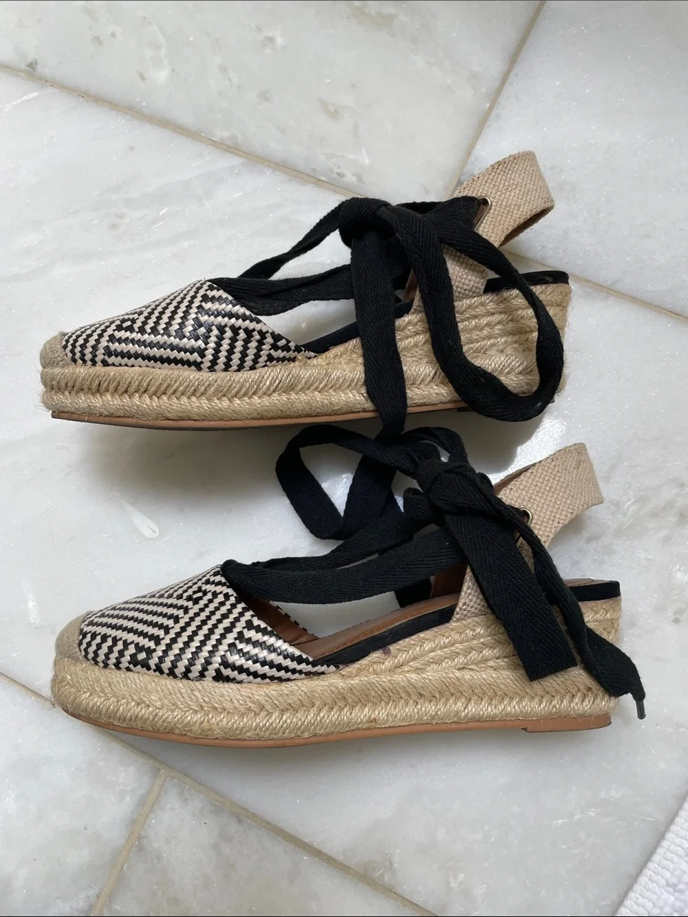 H&M Black and Cream Woven Espadrille Wedge Sandals with Ankle Ties